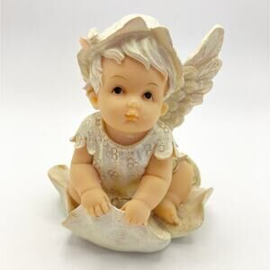 Vintage Baby Angel Cherub Figurine with Wings on Leaf Base Decor